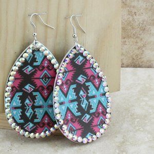 Aztec Pattern Rhinestone Dangle Earrings Southwest